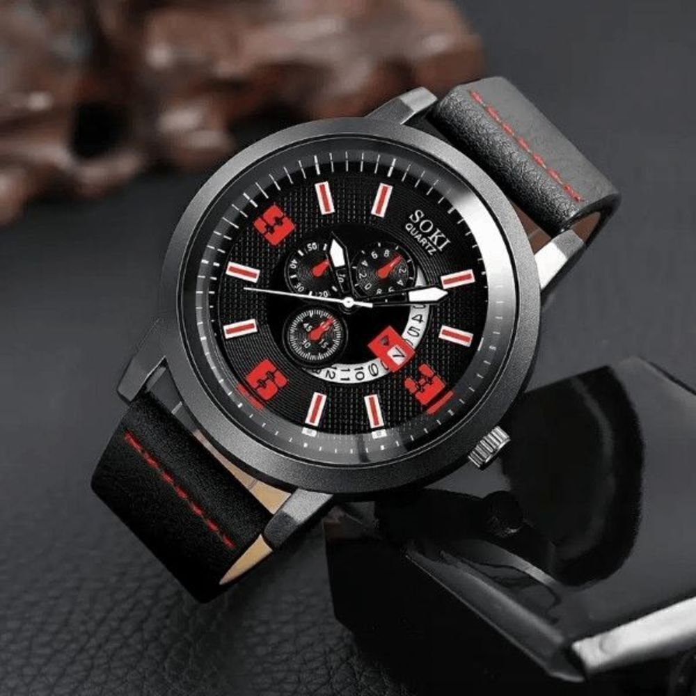 BLACK RED LEATHER QUARTZ STAINLESS STEEL WATCH AND LEATHER BRACELETS - Picture 2 of 3